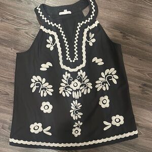 THML Black Sleeveless Top with White Embroidery Medium